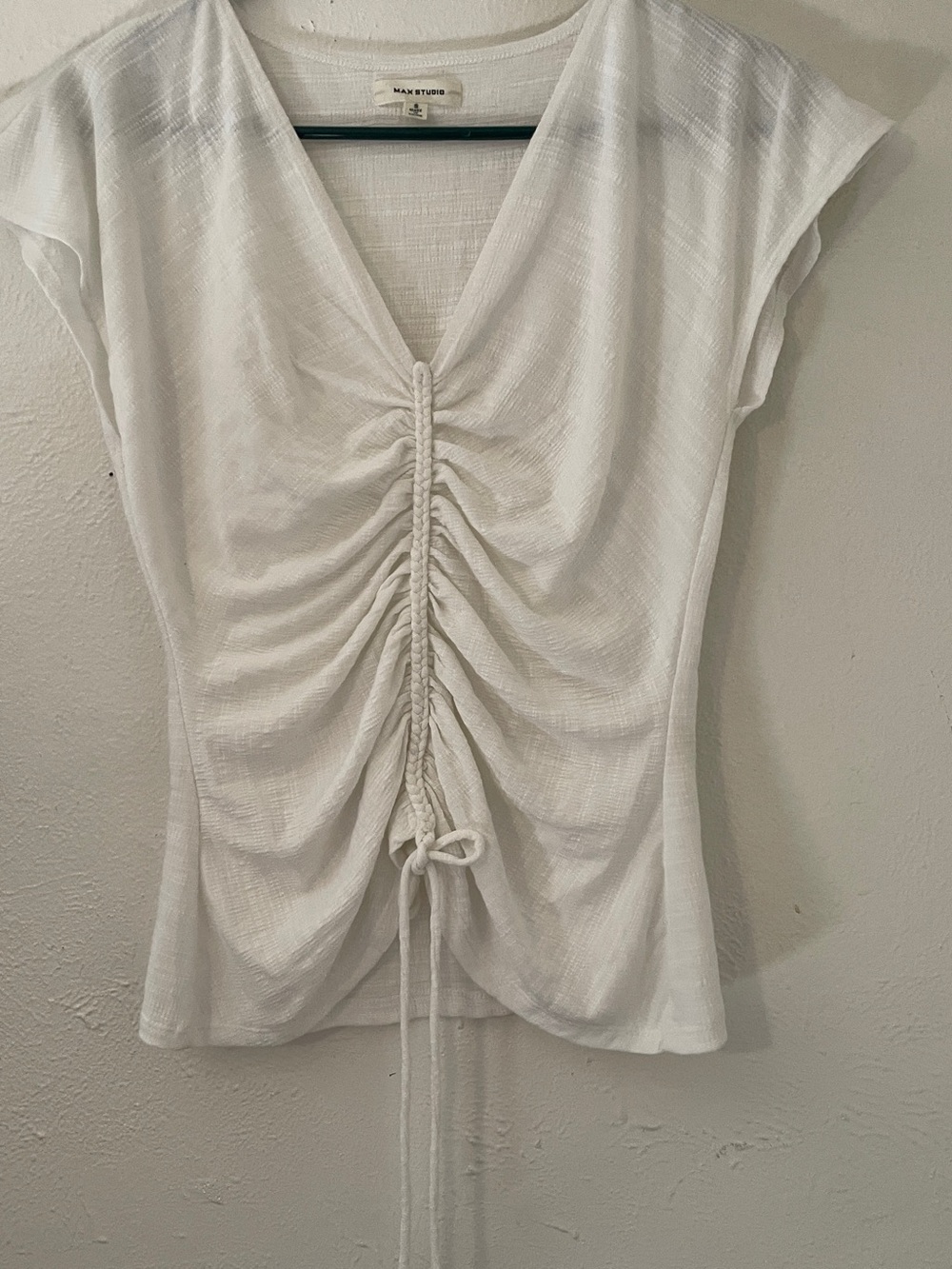 Max Studio White Braided Ruched Tie Front Cap Sleeve Gauze Look Top S NWOT